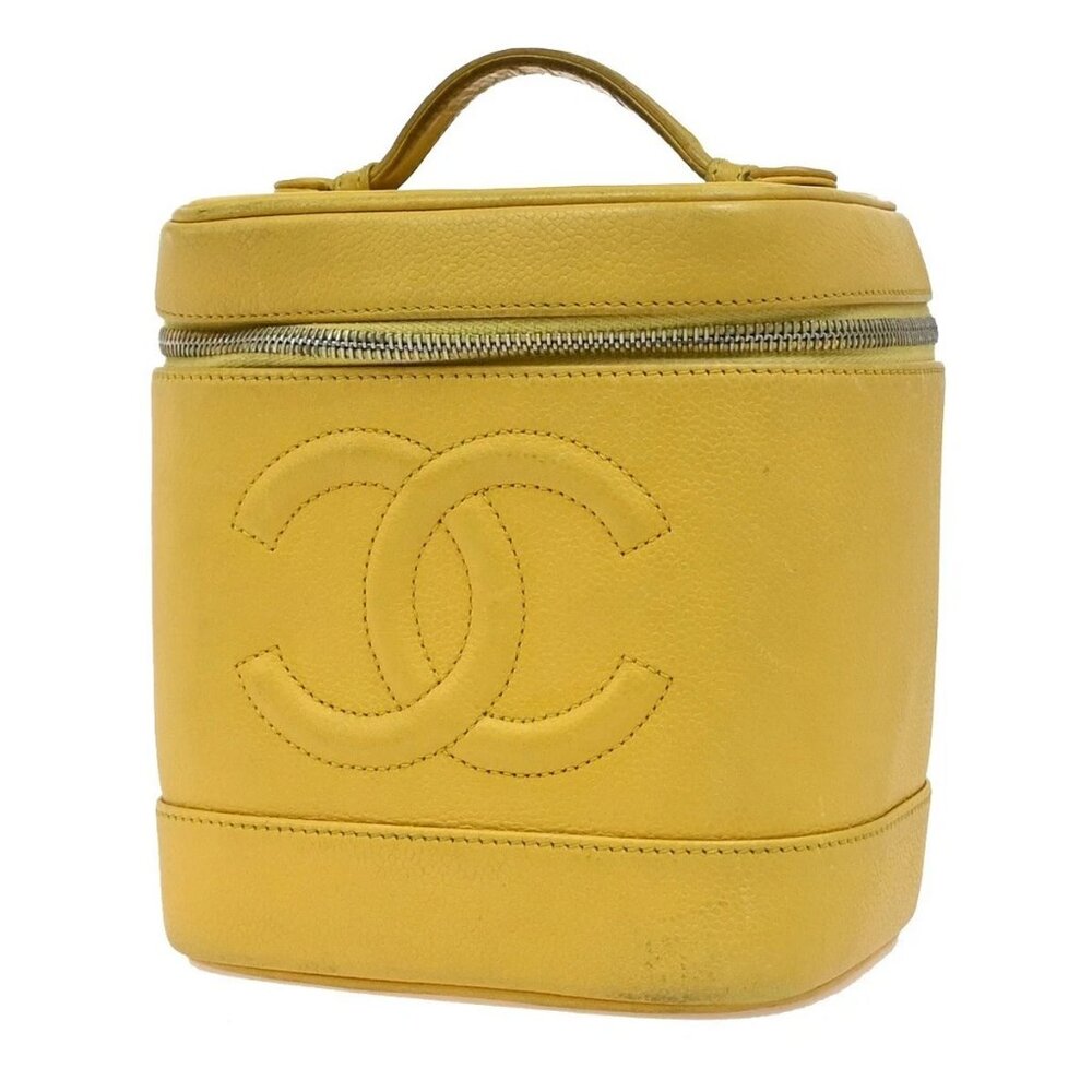 CHANEL Vanity Cosmetic Hand Bag Grained Calfskin Leather Yellow Vintage 93RF437